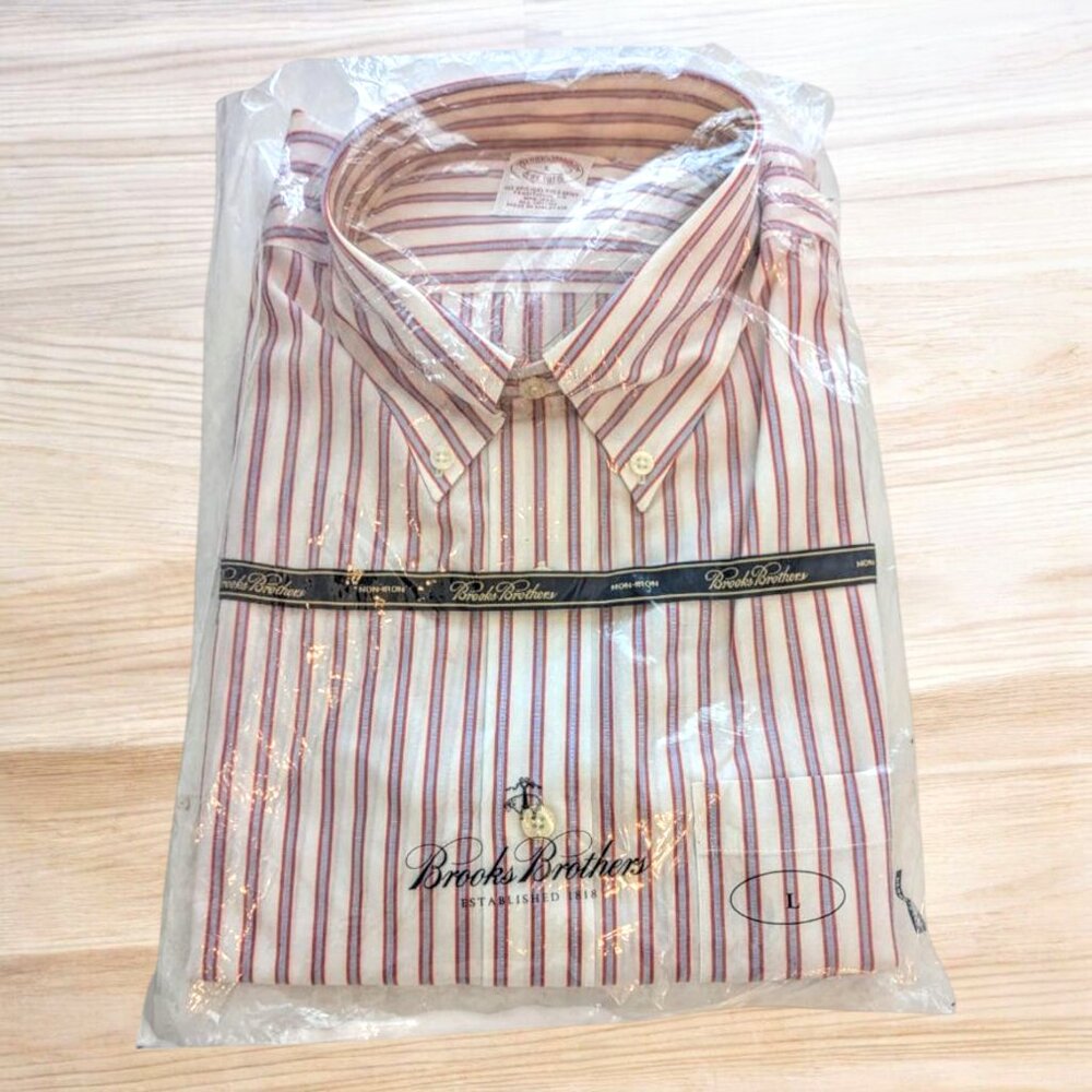 Brooks Brothers NWT L Non-Iron Polo Button Down Stripe Shirt White Red Blue - Picture 2 of 3